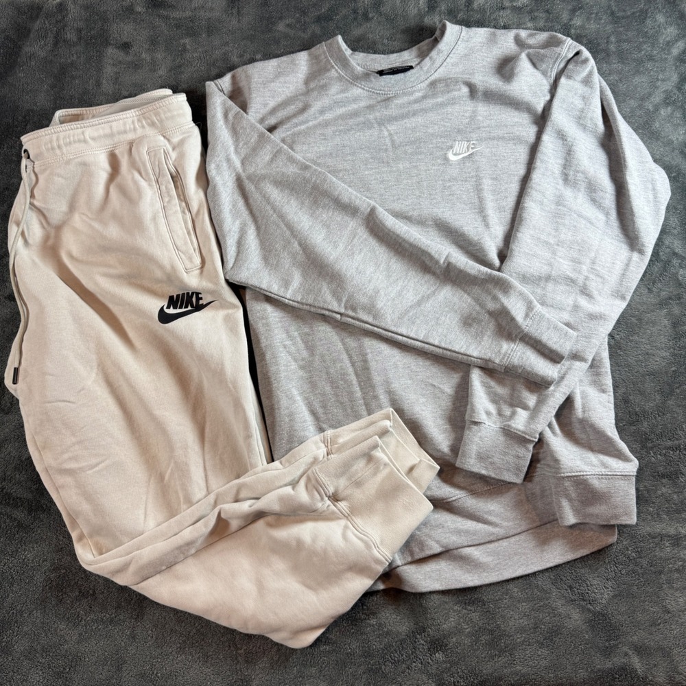 Nike Mens XL Crewneck Sweatshirt & Joggers Set Grey Cream Sportswear Fleece